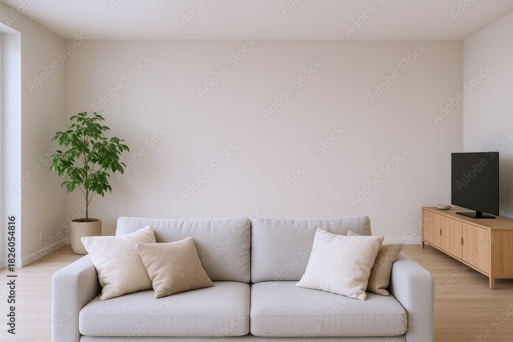 Fototapeta premium Modern Living Room Interior with Beige Sofa, Plant, and TV Console for Home Decor Mockups