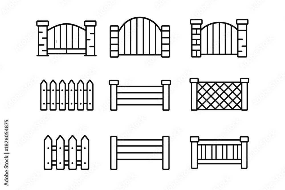 Obraz premium Set of outline icons representing various fences, gates, railings, and barriers