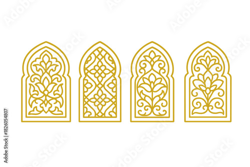Four golden arched frames featuring intricate Islamic ornamental patterns