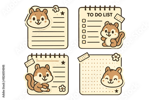 Cute squirrel character sticky notes set with memo pads and to-do lists for planning