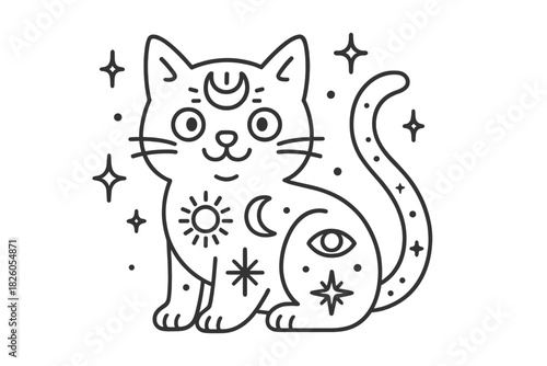 Adorable sitting cat adorned with celestial sun, moon, and esoteric eye symbols