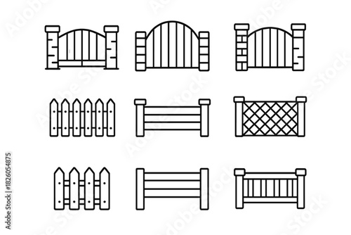 Set of outline icons representing various fences, gates, railings, and barriers