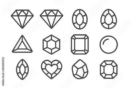 Linear outline icons of various gem shapes and jewelry cuts