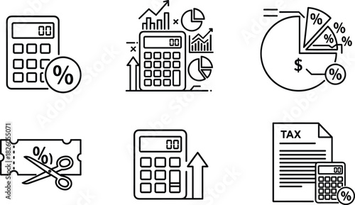 Financial calculation, accounting, and tax line icon set, including calculator, percentage, pie chart, coupon, and growth arrows, representing economy, discount, and budget management.