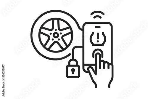 Smart tire pressure monitoring system displayed on a mobile phone screen connected to a car wheel and security lock