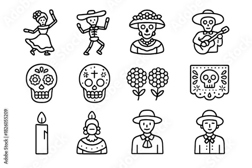 Mexican Day of the Dead celebration with sugar skulls, dancing skeletons, marigolds, and traditional figures