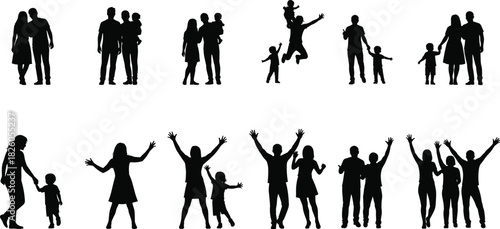 Happy family people silhouettes set, isolated on white background, including couples, parents with children, mothers, fathers, and celebratory groups, enjoying life and togetherness.