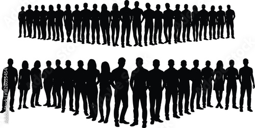 Large diverse crowd of standing people silhouettes in group formation, black vector illustration of community, population, teamwork concept