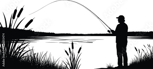 Silhouette of a man fishing by a calm lake with reeds and natural landscape, peaceful outdoor scene for nature illustration