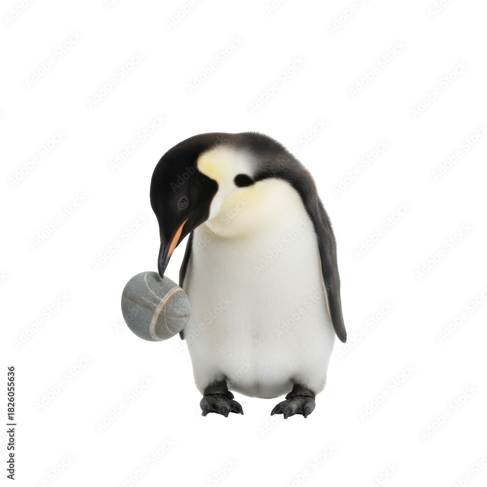 Fototapeta premium Adorable baby emperor penguin holding a small round object in its beak on a black background