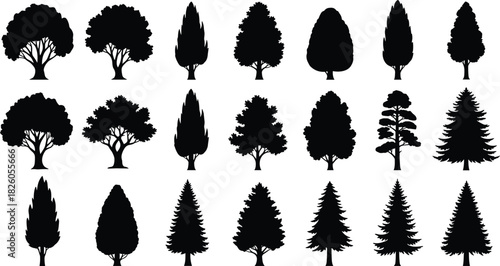 Collection of diverse tree silhouettes showing various shapes and species, isolated on white background for nature design, landscape illustration, and decoration