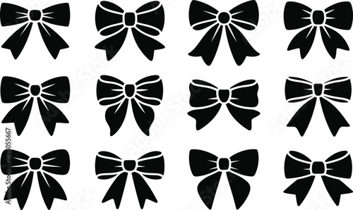 Set of black silhouette bow icons with white outlines, elegant decorative ribbon elements for gifts, celebration, holidays, and design