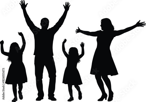 Happy family silhouette with parents and children celebrating together, joyful people raising hands, isolated on white background for design use