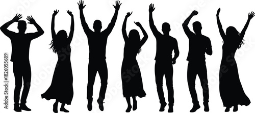 Energetic group silhouette dancing together with raised hands, celebrating joyful moment in unity, dynamic party crowd movement on white background