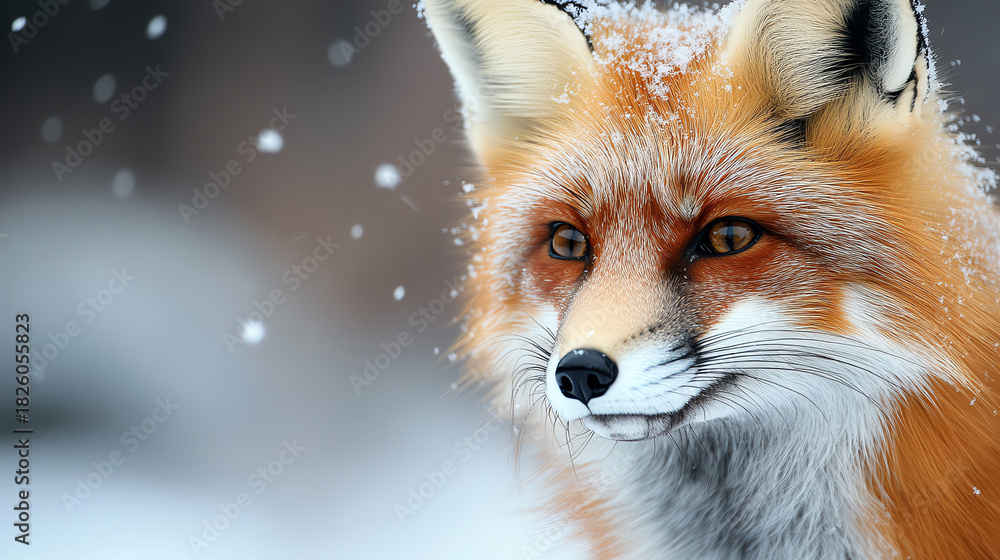 Fototapeta premium Closeup winter fox with frosted whiskers, soft snow backdrop