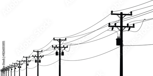 Long row of electrical power line poles silhouette with utility wires vector illustration energy transmission infrastructure design on white background