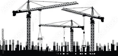 Large tower cranes silhouette operating at building construction site lifting materials urban development industrial machinery vector illustration on white background