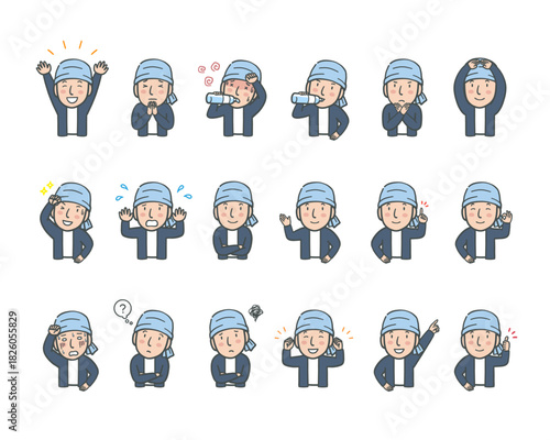 作業服を着た男性の複数の表情とポーズの上半身イラストセット