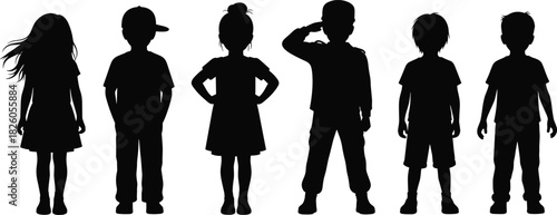 Group of children standing in various poses silhouette boys and girls vector illustration kids figures isolated on white background
