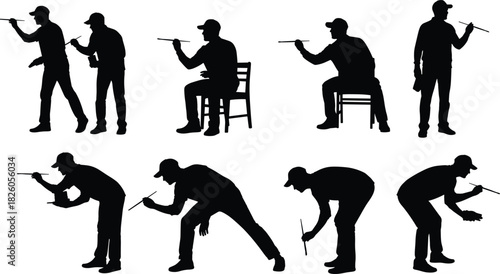Collection of worker silhouette poses performing various tasks with tools, standing and bending positions, professional handyman vector illustration set