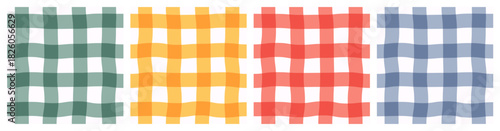 Set of classical, seamless, cute, modern bright geometric checkered multicolored patterns ; transparency effect; in yellow, red, green, and blue; simple hand-drawn vector illustration, flat style