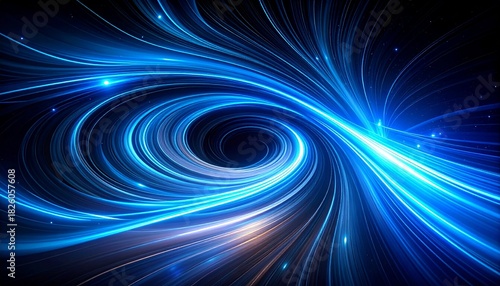 Soft-focus black and blue neon streaks dominate the composition, creating a vibrant dynamic motion effect, producing an energetic, futuristic atmosphere with blurred abstract patterns, glowing lines, 