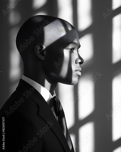 Black and white portrait of a man in suit with shadows and light fashion photography style model photoshoot