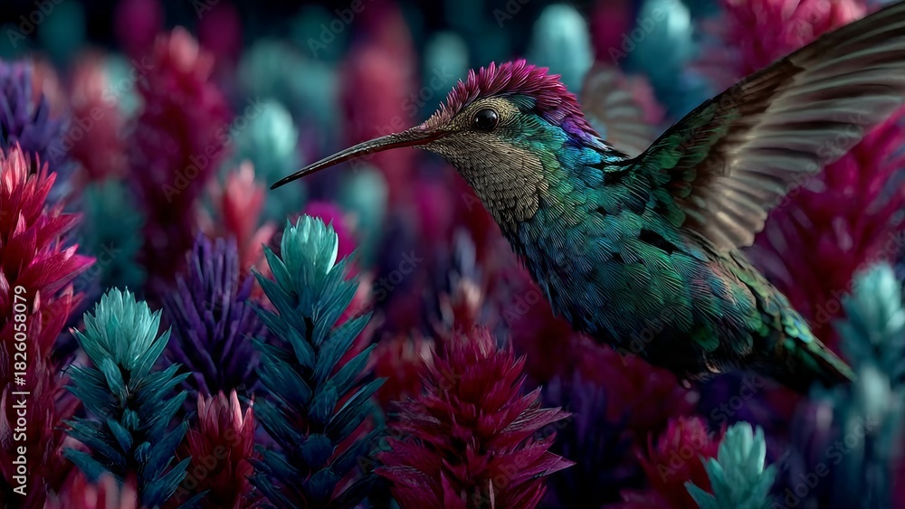 Fototapeta premium Vibrant Hummingbird in a Fantasy Botanical Garden