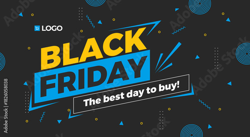 Black Friday Poster with Blue and Yellow Geometric Shapes for Shopping Promotion. Design Illustration