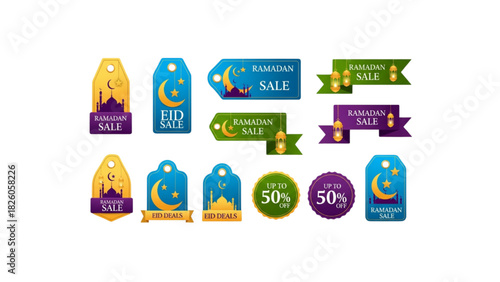ramadan and eid sale tags set with moon stars mosque and discount labels