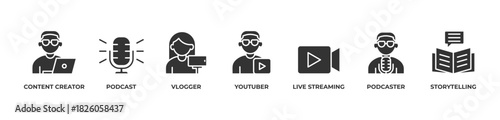 Digital Creator Hub Icons set vector illustration glyph with Content creator, Podcast, Vlogger, Youtuber , Live streaming, Podcaster, Storytelling