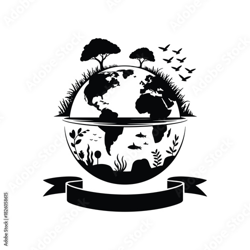 Black Silhouette of Earth Globe with Land and Underwater Scenes and Ribbon planet