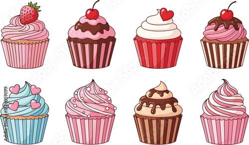 Set of eight colorful delicious cupcakes with strawberry, cherry, hearts, and chocolate icing, isolated vector illustration