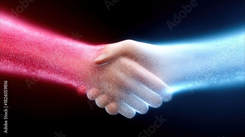 Close-up of two hands shaking, with one hand enveloped in red glowing particles and the other in blue, set against a dark background. Represents connection, par
