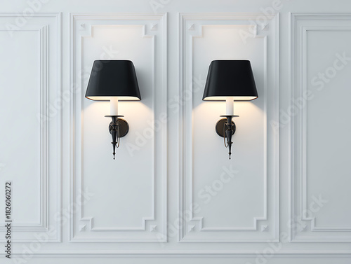 Wooden door and glass window in a bright interior room with a lamp on the white wall