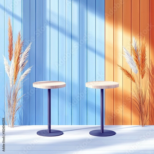 Two empty, modern round tables stand on a white floor against a backdrop of blue and orange slatted walls. Dried pampas grass accents the scene, with dappled su
