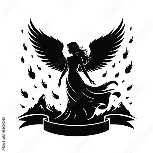 Angel Silhouette with Wings and Flames Over Mountains and Ribbon feathers