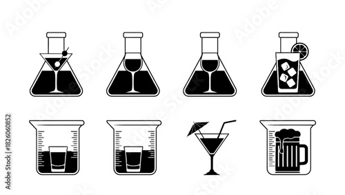 Alcohol cocktail lab glassware icons set isolated on transparent background vector illustration