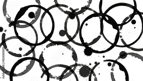 Seamless dark pattern background made of overlapping coffee cup ring stains ink circles and various black grunge splatters