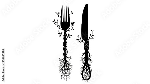 Black silhouette of fork and knife handles transforming into intertwined roots and tree branches