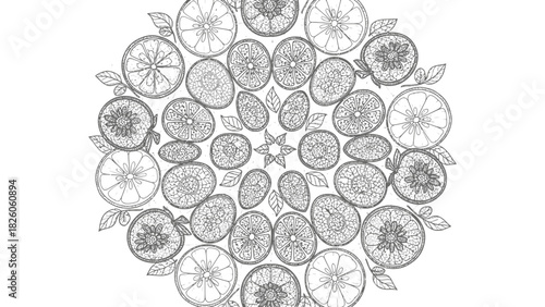 Grayscale ornamental pattern of citrus fruit slices lemons and oranges radial decoration background wallpaper