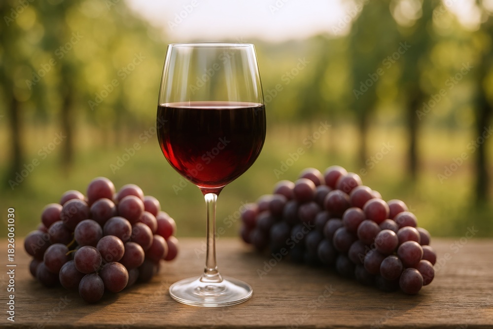Fototapeta premium Elegant glass of red wine with grapes in a vineyard setting for a sophisticated lifestyle