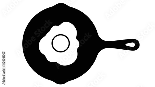 Minimalist black and white icon of a fried egg cooking in a skillet on plain background illustration
