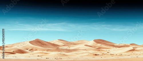 Expansive desert landscape with rolling sand dunes under a bright, clear blue sky. The scene is illuminated by daylight, creating shadows and highlights on the
