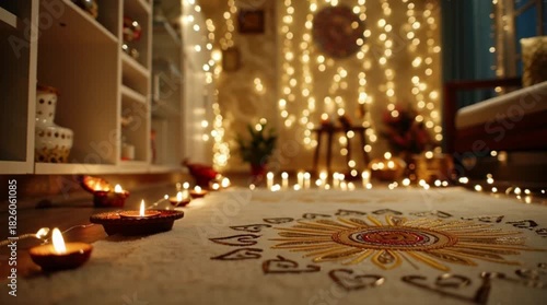 Wallpaper Mural Diwali celebration with traditional rangoli design and lit diyas on the floor in a warmly lit room Torontodigital.ca