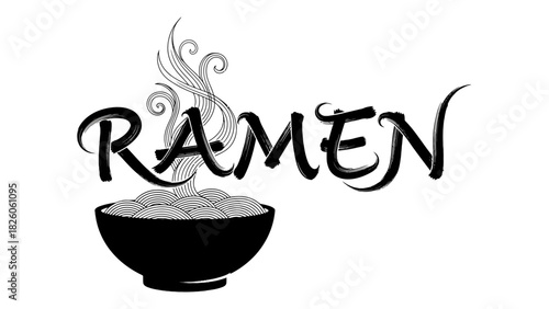 Black and white stylized graphic of ramen noodles in bowl with steam forming the word ramen text