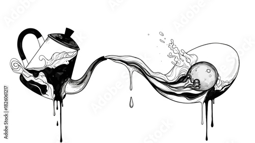 Abstract illustration of a teapot pouring liquid forming a moon and splashing water vector image