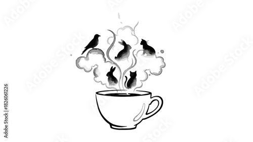 Coffee or tea cup vector illustration with steam transforming into silhouettes of cat rabbit and bird animals