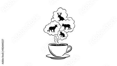 Steaming cup of strong coffee with animal silhouettes in vapor clouds conceptual beverage illustration