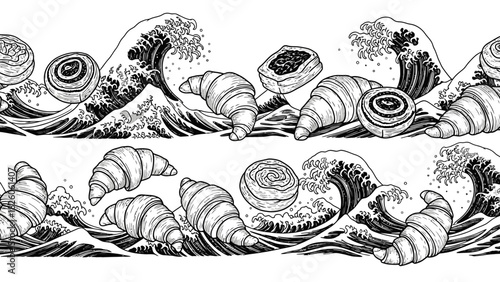 Seamless black and white vector border of croissants baked goods and japanese waves pattern